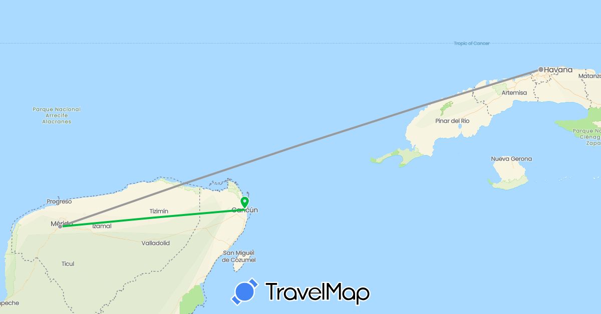 TravelMap itinerary: driving, bus, plane in Cuba, Mexico (North America)